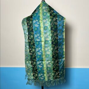 vintage Tyrihans Norge embla design scarf blue green gold floral with fringe
